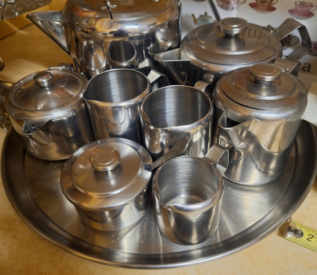 (ALB - 157) SS TEA , MILK AND SUGAR SET IN TRAY  R100