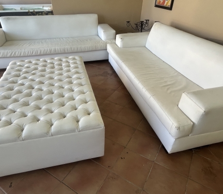 (ALB 25/4 - No:75) - White leatherrete sofa (3 seater) (250cm W x 90cm D) - price each